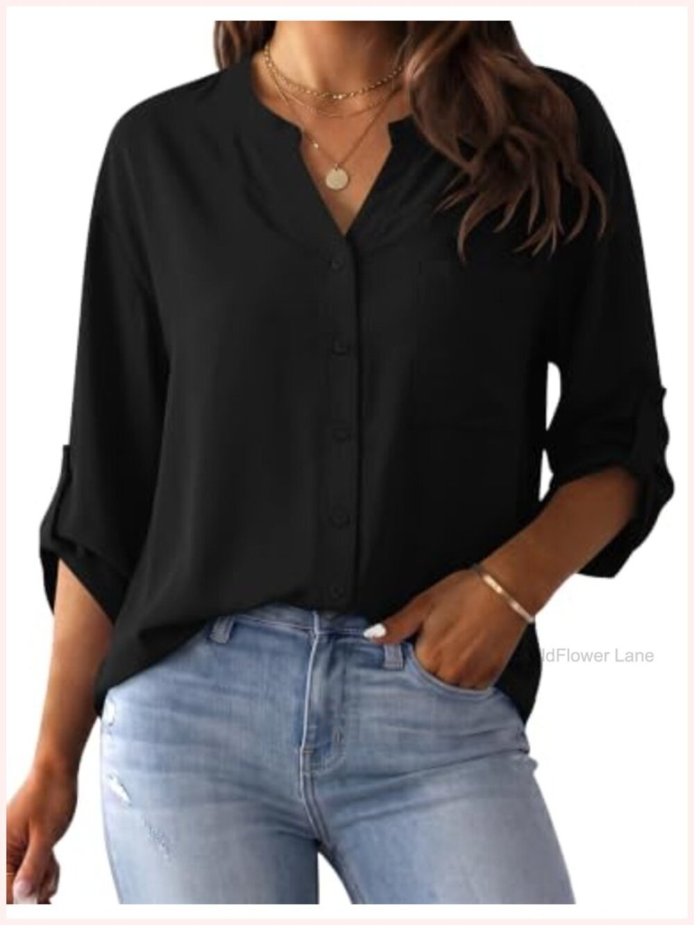 Womens V-Neck Button Down Shirt 3/4 Sleeve Casual Work Blouse